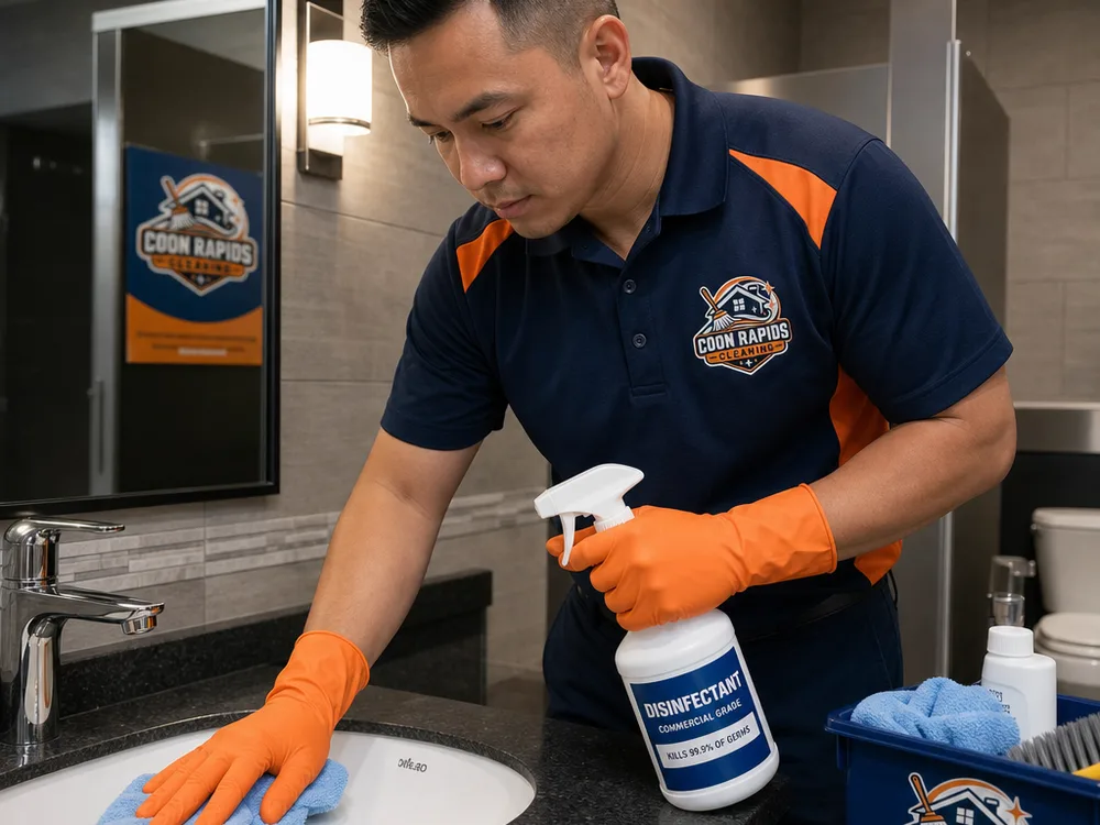 Uniformed technician cleaning and disinfecting a commercial restroom sink and countertop