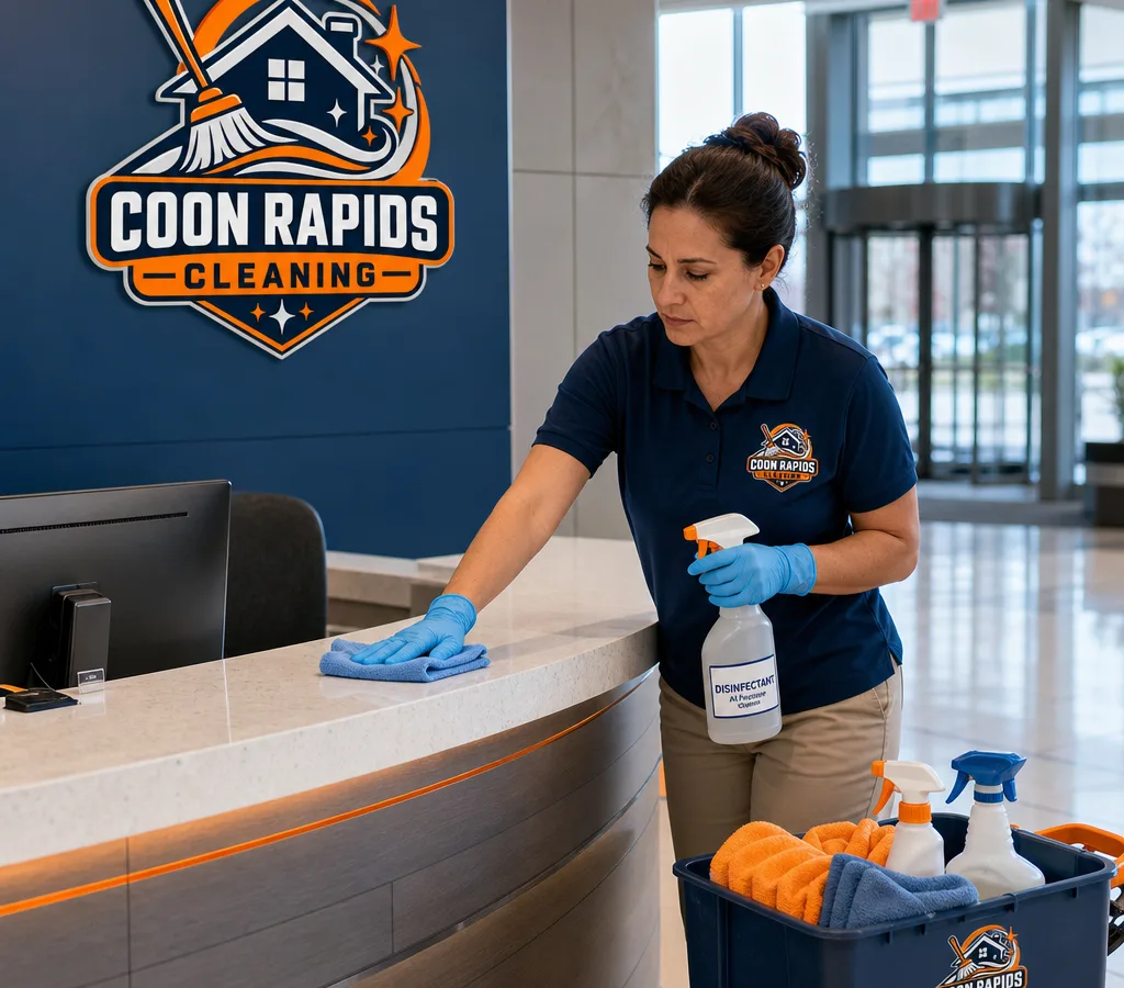 Professional cleaner disinfecting a reception counter and high-touch areas in a modern office lobby