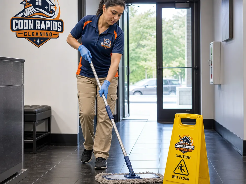 Cleaner mopping a hard-surface office hallway with a wet floor sign placed properly