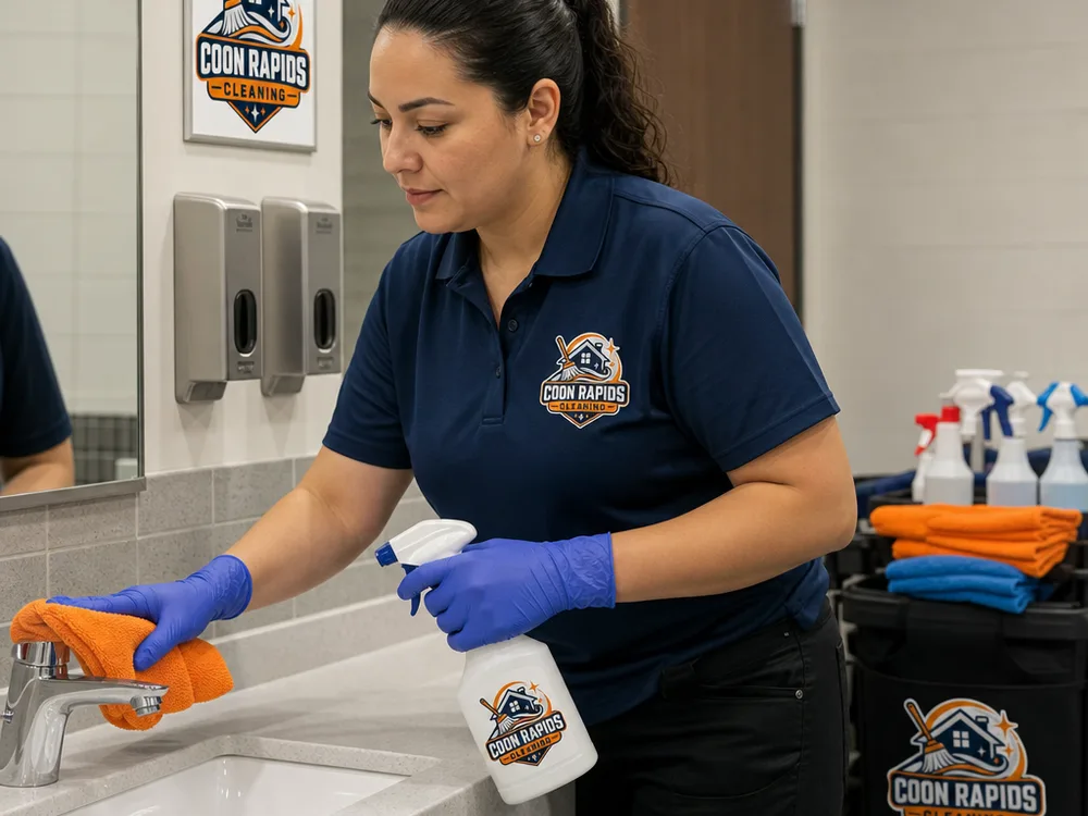 Cleaner disinfecting office restroom sinks and fixtures with color-coded cloths and gloves
