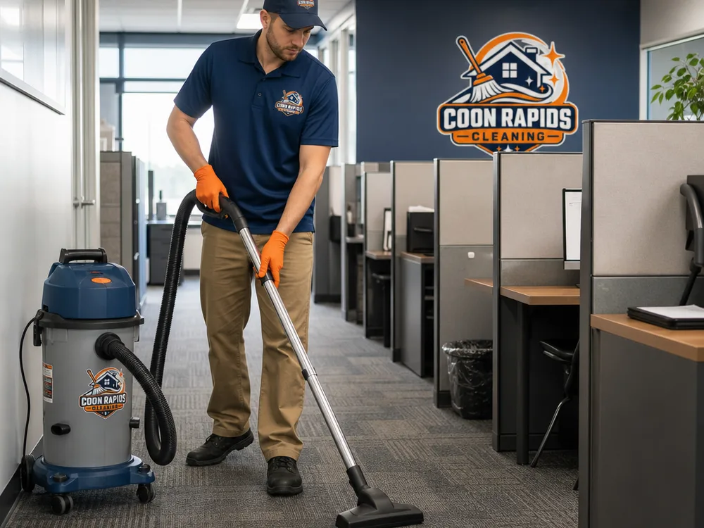 Cleaner vacuuming commercial carpet along office traffic lanes near cubicles