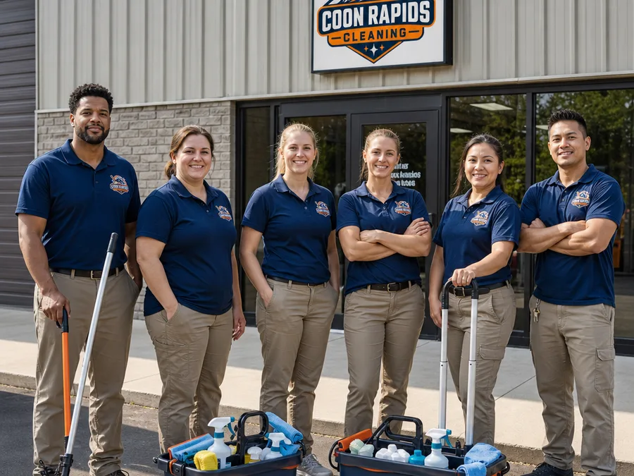 Coon Rapids Cleaning team in uniform outside the office with cleaning equipment